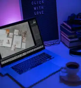 Workspace with laptop on a table.